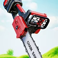 Powerful Red Black Chainsaw With Sharp Chain In Blue Sky Green Grass 3d model