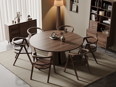 Solid Wood Dining Table and Chair Combination Solid Wood Dining Table and Chair Round Dining Table Restaurant Backrest Dining Chair Sideboard Storage Cabinet Vase Decorative Ornaments Carpet Dried Flowers model