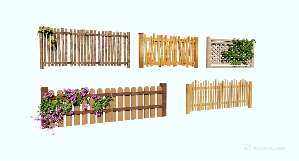 Wooden Garden Fences in Various Styles with Decorative Plants and Patterns 3d model 
