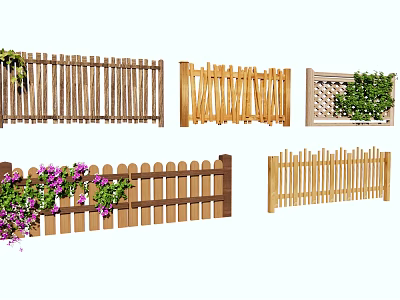 Wooden Garden Fences in Various Styles with Decorative Plants and Patterns 3d model