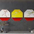Three Octagonal Wall Art Designs With Plum Blossom On Gray Wall Decorative Setup 3d model