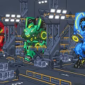 Colorful Robot Characters Red Green Blue in Factory Workshop with Mechanical Structures and Lighting