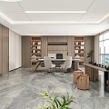 Modern Spacious Office Interior With Large Windows Wooden Desk Sofa And Green Plant