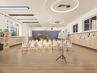 Art And Books Themed Classroom Interior With Chairs And Bookshelves 3d model