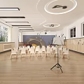 Art And Books Themed Classroom Interior With Chairs And Bookshelves