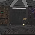 Interior Room Featuring Wooden Carved Door Stone Walls Circular Stone Floor And Lamp Table