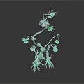 Artistic Decorative Plant with Purple Blue Flowers Green Stems Claw Like Roots and Multiple Branches