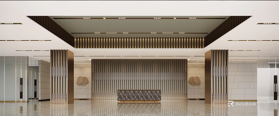 Modern Hotel Lobby Interior With Gold Striped Decor Reception Desk And Beige Walls 3d model 