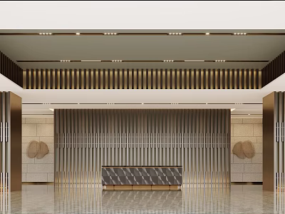 Modern Hotel Lobby Interior With Gold Striped Decor Reception Desk And Beige Walls 3d model