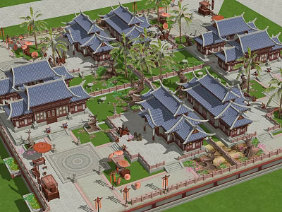 Traditional Ancient Chinese Architecture Complex With Blue Roofs Palm Trees And Courtyard Design 3d model