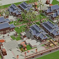 Traditional Ancient Chinese Architecture Complex With Blue Roofs Palm Trees And Courtyard Design