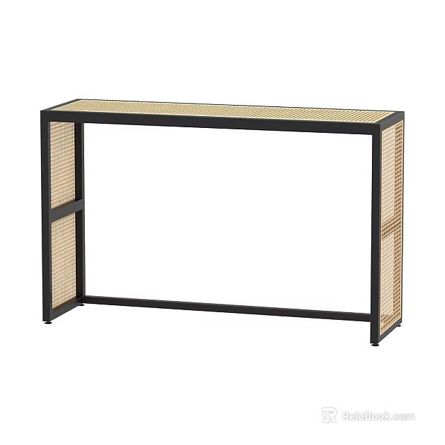 Modern Console Table With Black Metal Frame And Rattan Side Panels 3d model 