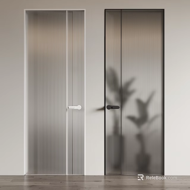 Sleek Swing Door Design With Frosted Glass Vertical Stripes And Black Frame Interior 3d model 