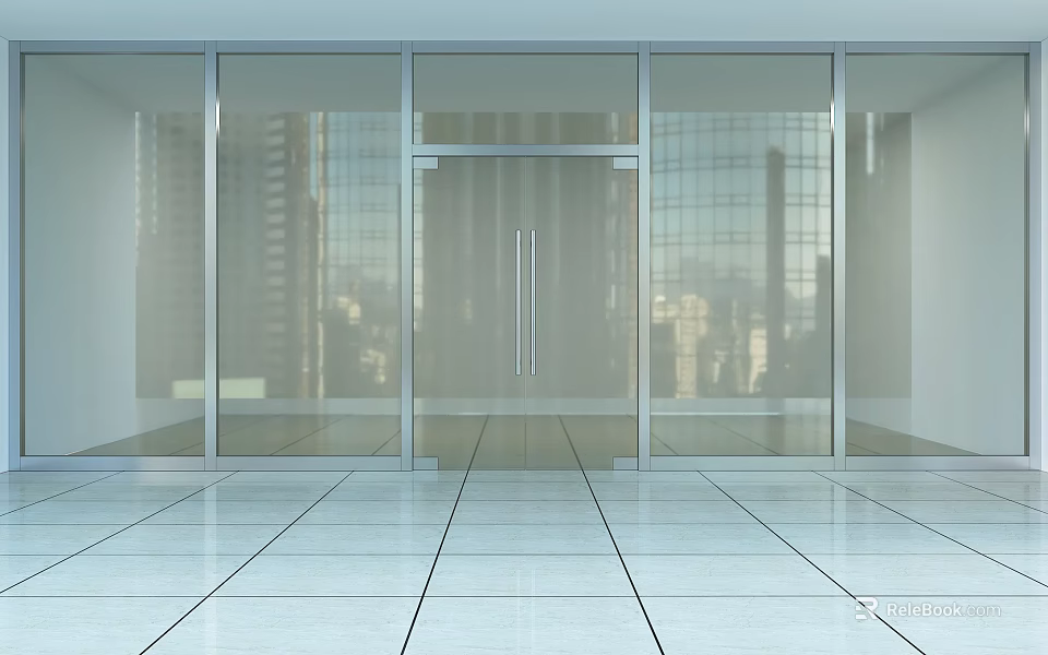 Modern Glass Swing Door in Bright Space with Urban Skyline Reflection 3d model 