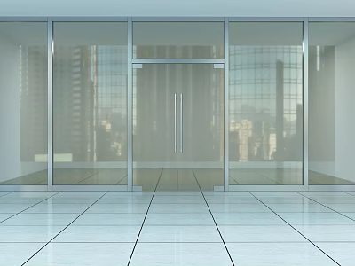 Modern Glass Swing Door in Bright Space with Urban Skyline Reflection 3d model