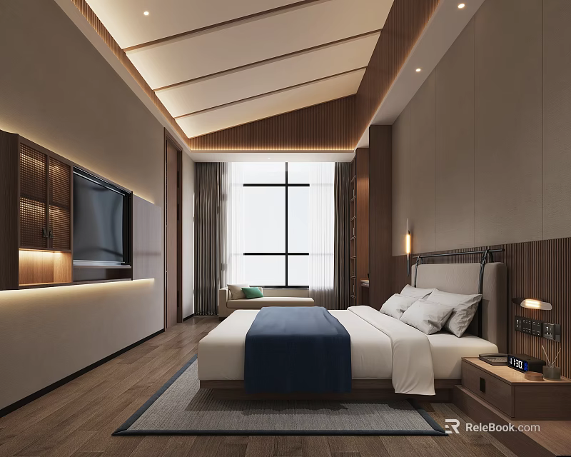 Modern Hotel Guest Room Interior With Bed Blue Bedspread White Pillows TV And Wooden Accents 3d model 