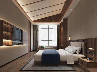 Modern Hotel Guest Room Interior With Bed Blue Bedspread White Pillows TV And Wooden Accents 3d model