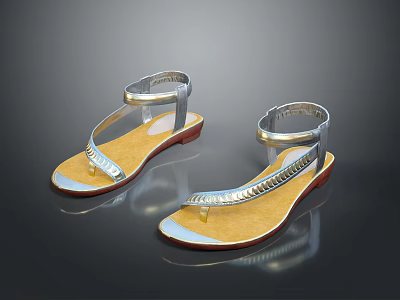 Stylish Silver Flat Sandals With Snake Pattern Ankle Straps And Yellow Sole 3d model