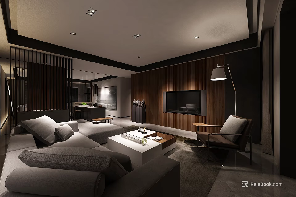 Modern Dark Tone Living Room With Wooden TV Accent Wall And Cozy Large Sectional Sofa 3d model 
