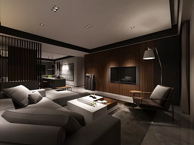 Modern Dark Tone Living Room With Wooden TV Accent Wall And Cozy Large Sectional Sofa 3d model