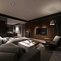 Modern Dark Tone Living Room With Wooden TV Accent Wall And Cozy Large Sectional Sofa