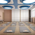 Yoga Fitness Studio With Aligned Mats Colored Exercise Balls Yoga Pose Murals And Wooden Flooring