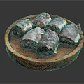 Leaf Wrapped Meat Rolls Stuffed With Minced Meat On Wooden Plate 3d model