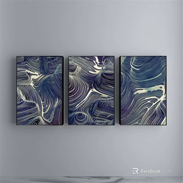 Modern Abstract Triptych Paintings with Blue White Wave Patterns on Wall 3d model