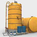 Industrial Storage Tanks Setup With Yellow Containers Blue Barrels Ladder And Platform