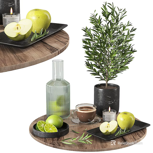 Fresh Apples Sliced Limes On Wooden Tray With Coffee Cup Glass Bottle And Olive Plant 3d model 