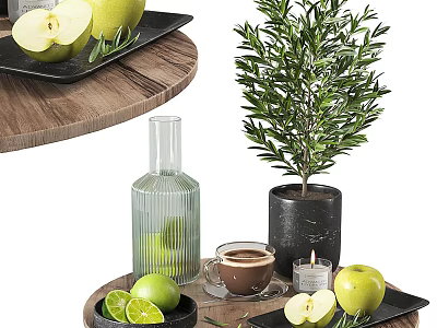 Fresh Apples Sliced Limes On Wooden Tray With Coffee Cup Glass Bottle And Olive Plant 3d model