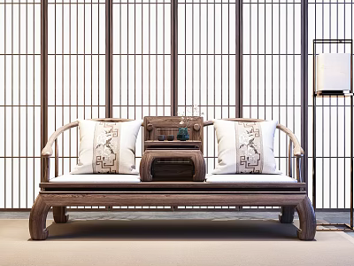 Chinese Traditional Luohan Bed Interior With Wooden Lattice Screen Patterned Cushions And Small Tea Table 3d model