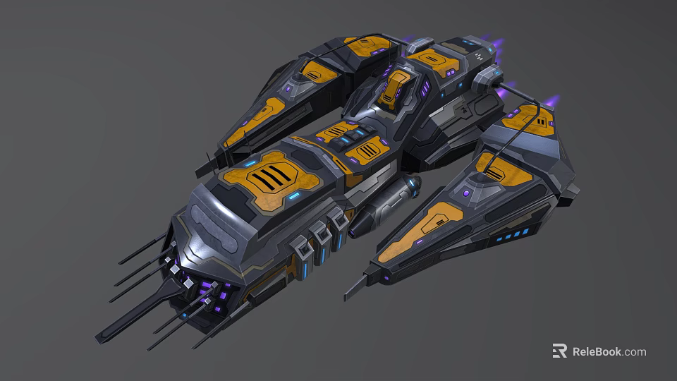 Sci Fi Spaceship With Black Yellow Purple Multi Wing Armored Hull And Thrusters 3d model 