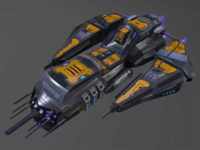Sci Fi Spaceship With Black Yellow Purple Multi Wing Armored Hull And Thrusters 3d model
