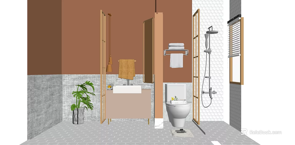 Modern Bathroom Vanity with Toilet Shower Hanging Towel and Potted Plant on Tile Floor 3d model 