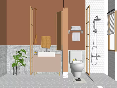 Modern Bathroom Vanity with Toilet Shower Hanging Towel and Potted Plant on Tile Floor 3d model