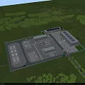 Aerial View of Modern Industrial Plant With Solar Panels Multiple Buildings and Green Grassland