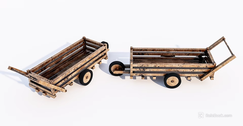 Two Handmade Wooden Trailers With Black Wheels And Wooden Frames 3d model 