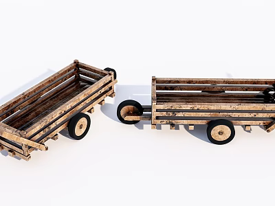 Two Handmade Wooden Trailers With Black Wheels And Wooden Frames 3d model