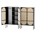 Stylish Black Storage Cabinet Featuring Rattan Doors And Circular Rectangular Panels 3d model