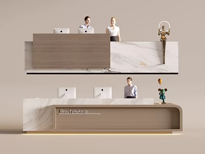 Modern Beauty Salon Reception Desk With Marble Counter Computers Staff And Decorative Items 3d model