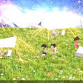 Cartoon Scene of Starry Night Grassland With White Tents String Lights Colorful Flowers and Characters