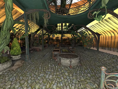 Ornate Greenhouse Architecture With Arched Roof Climbing Vines Metal Framework Cobblestone Floor And Stone Decor 3d model
