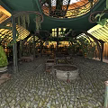 Ornate Greenhouse Architecture With Arched Roof Climbing Vines Metal Framework Cobblestone Floor And Stone Decor