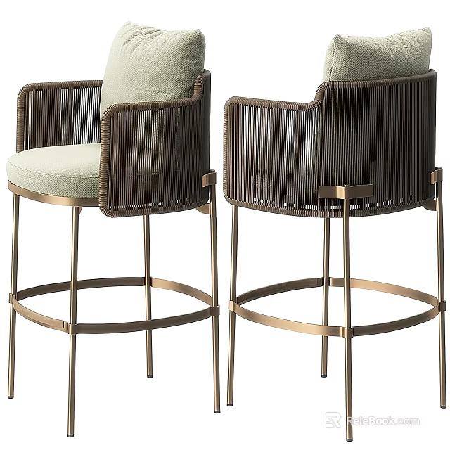 Modern Bar Stools With Wicker Backrest Upholstered Seat And Brass Frame 3d model