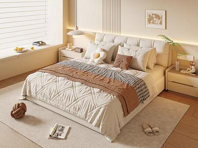 Cozy Modern Bedroom Interior With Upholstered Headboard Multiple Pillows Quilted Bedspread And Warm Carpet 3d model