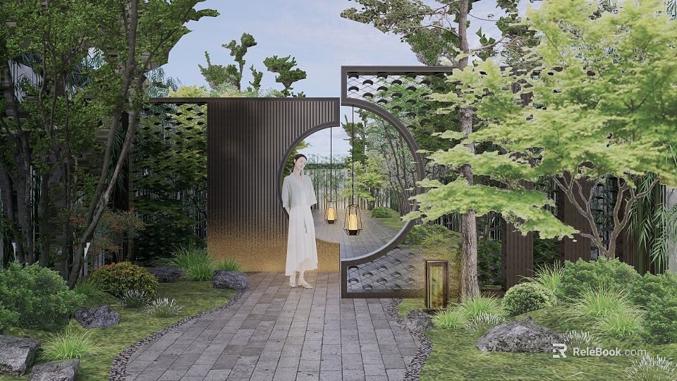 Oriental Garden Wall With Circular Arch Perforated Design Lush Greenery Stone Path And Hanging Lanterns 3d model 