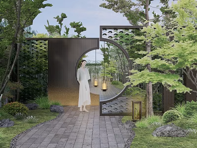Oriental Garden Wall With Circular Arch Perforated Design Lush Greenery Stone Path And Hanging Lanterns 3d model