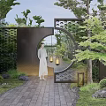Oriental Garden Wall With Circular Arch Perforated Design Lush Greenery Stone Path And Hanging Lanterns