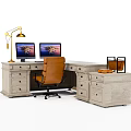 L shaped Wooden Office Desk With Dual Monitors Gold Lamp Brown Chair And Side Cabinet